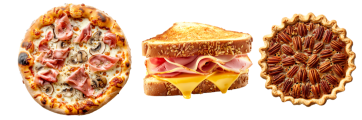 Sandwich with vegetables, Italian pizza and mixed berry pie isolated on white background, a delicious American comfort food