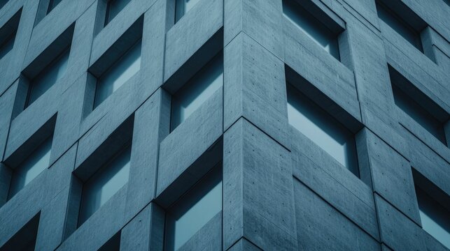 Captivating close up view of the angular geometric facade of a modern high rise building with reflective glass and metal surfaces creating a dramatic minimalist composition with a deep depth of field