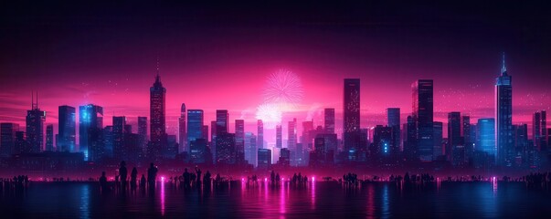 Fototapeta premium New Years Eve at midnight, city skyline lit up by fireworks, people celebrating on rooftops, flat design illustration