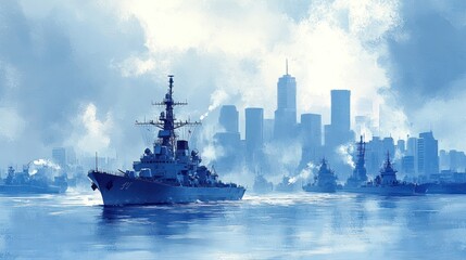 Fototapeta premium A Navy Destroyer Ship Sailing Past a City Skyline