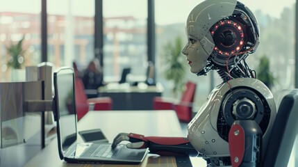 Robot Working on Laptop in Office