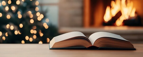 Reading a book by a warm fireplace, snowcovered windows and festive decor, flat design illustration