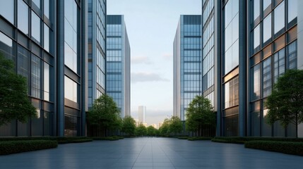 Photograph of a modern business district showcasing tall sleek office towers with a clean pedestrian friendly street layout  The image features a depth of field perspective