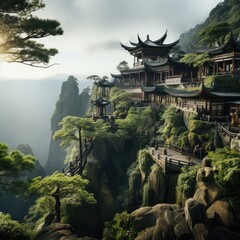 Fototapeta premium A Serene Mountain Landscape Featuring Carved Minimalist Chinese Architecture