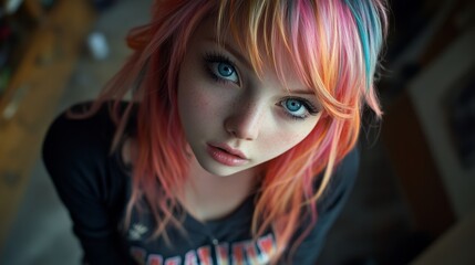 Fototapeta premium Girl with long hair and blue eyes is wearing a black shirt. a cool looking girl with a crazy long colorful haircut