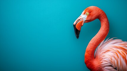 Fototapeta premium Pink flamingo on blue pastel background. Minimalistic backdrop with copy space.