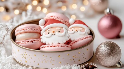 Naklejka premium Close-up of cute Santa Claus-themed macarons, pastel colors, placed in a decorative tin with Christmas baubles, isolated on white background
