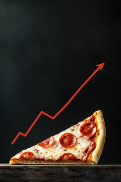 Pizza slice placed on a rising line chart, symbolizing increased fast food demand