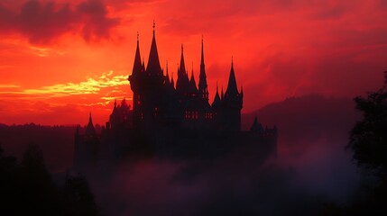 Naklejka premium Halloween spooky castle silhouetted against a vibrant sunset