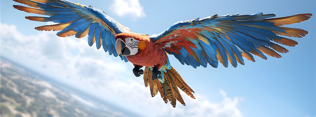 A vibrant scarlet macaw with blue and yellow feathers soars through the sky.