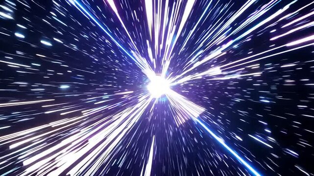 Starry bright glowing lights flying extremely fast lightspeed through hyperspace to the end of tunnel in space 
