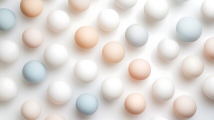 Pastel colored matte spheres on white background, minimalistic abstract backdrop.