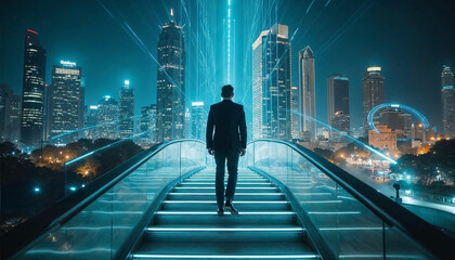 Obraz premium Businessman in a sleek suit ascends a staircase while Bangkok skyscrapers shine in the night enhanced by double exposure of glowing arrows and abstract geometric lines