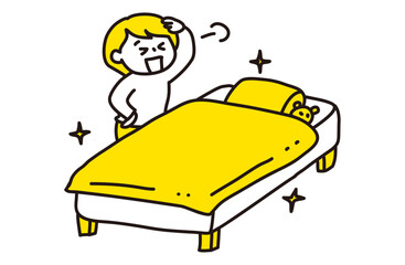 ベットメイキングの作業を完了して満足している人のイラスト（2色）