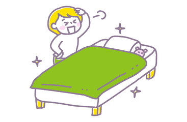 ベットメイキングの作業を完了して満足している人のイラスト（パステル）