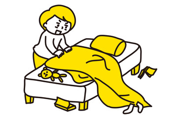 起き抜けした寝具を整えている人のイラスト（2色）