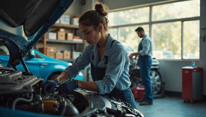 Expert mechanic female carefully repairs an engine in a modern garage with a large window showing a sunny day outside and various car parts organized on shelves