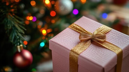 Festive Christmas Gift Box with Golden Ribbon in Front of Decorated Tree with Colorful Lights and Ornaments