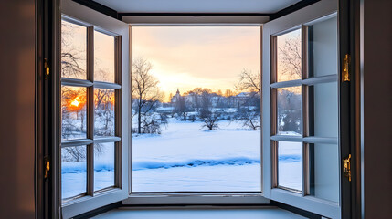 Obraz premium A view of a snowy landscape through an open window, with a sunset in the distance.