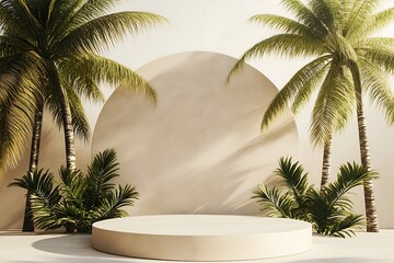 Obraz premium 3D podium with copy space for product display presentation on beach with blue sky and white clouds abstract background. Tropical summer and vacation concept. Graphic rendering illustration design.