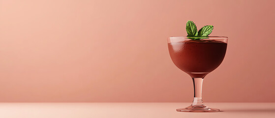 A tantalizing chocolate cocktail garnished with fresh mint, elegantly presented against a soft pink backdrop.