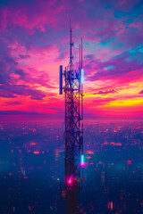 A tall tower with antennas atop it, set against a vibrant sky with a cityscape in the background