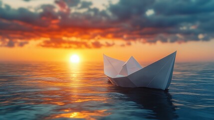 A paper boat floating on water at sunset, surrounded by colorful clouds and reflections.