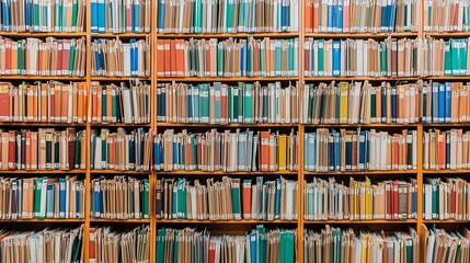 Wall full of old archive records on the shelves.