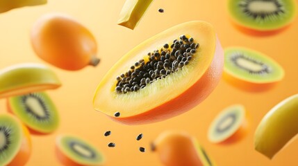 A set of tropical fruits like papayas and kiwis falling in mid-air with realistic textures