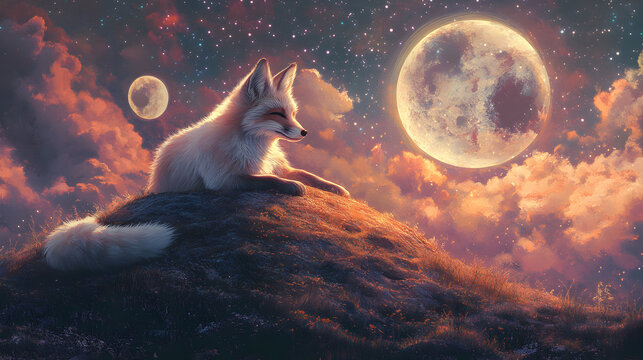 A white fox sits on a grassy hill under a full moon and starry sky, gazing at the night sky.