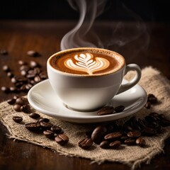 Obraz premium A steaming cup of specialty coffee sits on a wooden table, showcasing rich crema, inviting aroma, and artistic latte art, perfect for coffee lovers
