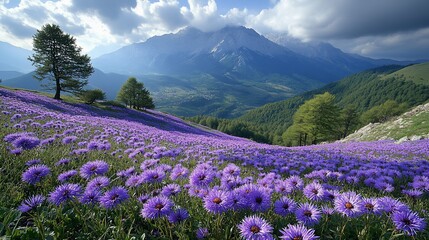 Obraz premium A picturesque landscape with a vibrant field of purple wildflowers stretching towards a majestic mountain range under a clear blue sky.