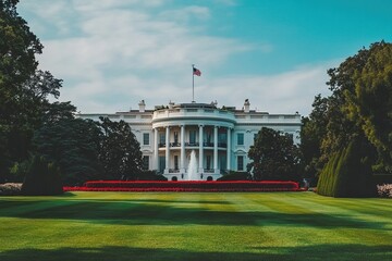 Front image of the White House. President's day. White background with big red stripes.