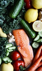 Fresh salmon fillet with vegetables, kale, lemon, ginger, cucumber and carrots.