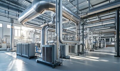 Industrial factory interior with pipes and equipment.