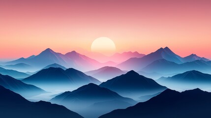 Obraz premium Beautiful Chinese mountain range painted in a minimalist style, soft gradients of light and shadow, flowing rivers beneath mist-covered peaks