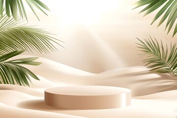 3d podium with copy space for product display presentation on palm beach and sunset sky abstract background. Tropical summer and vacation concept. Graphic art design.
