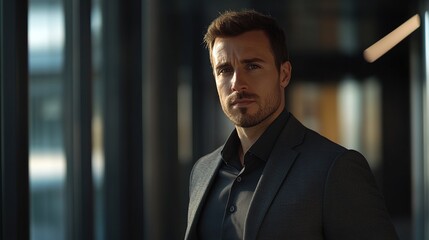 Fototapeta premium Professional Man in Stylish Suit Near Glass Windows
