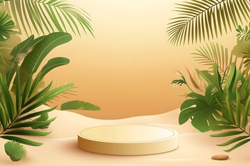 Obraz premium 3d podium with copy space for product display presentation on palm beach and sunset sky abstract background. Tropical summer and vacation concept. Graphic art design.