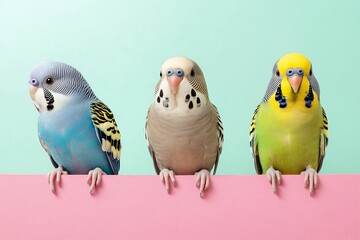 Three parakeets sitting on the edge of a pink and green background. The birds have different colors: blue, grey, beige, and yellow.