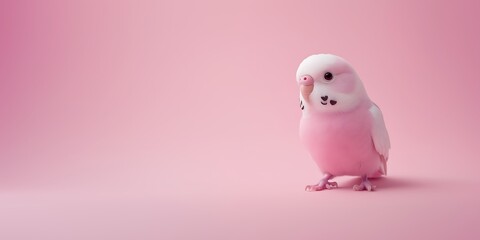 A cute parakeet on a pastel pink background, in a minimalist style.