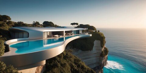 Luxury cliffside villa with infinity pool overlooking the ocean during sunset