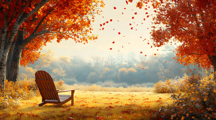 A wooden chair sits in a field of golden leaves under a canopy of vibrant red and orange trees with falling leaves in the background.