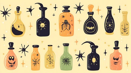 Halloween pastel yellow vector backdrop adorned with whimsical potion bottles