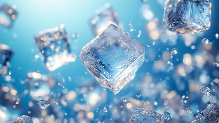 Obraz premium Floating ice cubes on a light blue background, close-up, fresh, minimalistic banner design.