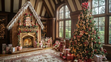 Fototapeta premium Festive Holiday Scene with Gingerbread House and Tree