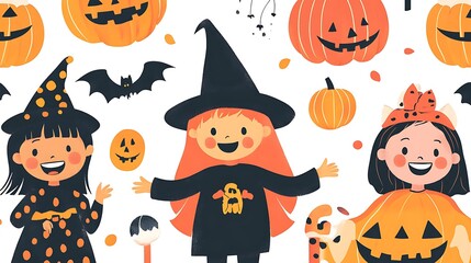 Halloween joyful celebration patterns featuring children in costumes