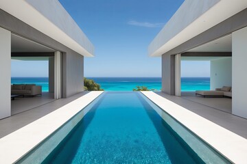 Fototapeta premium Luxurious modern villa with infinity pool overlooking the ocean on a sunny day in a tropical paradise