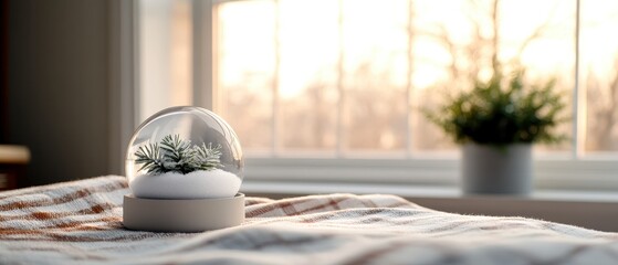 A serene snow globe resting on a cozy bed, with a softly lit window and a potted plant in the background.