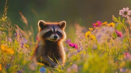 small raccoon surrounded by vibrant wildflowers, blending in with nature under warm sunlight